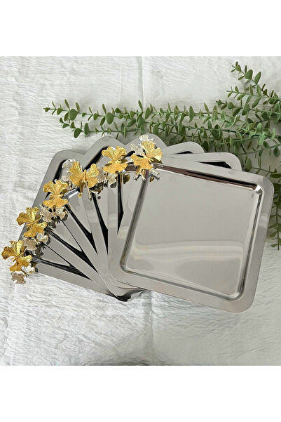 Maglor Lüx 6'lı Kare Gümüş Zamak Kelebek Aksesuarlı 22x22cm Paslanmaz Çelik Kahve Sunum Tepsisi