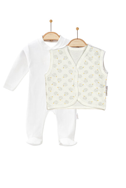 Nayinom Quilted Baby Vest - Romper Set with Booties - Hedgehog Pattern - White - 100% Cotton - 3-6-9-12 Months