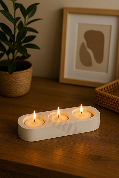 EMRDesign Oval Tasarım 3’lü Taş Tozu Tealight Mumluk | Dekoratif Masaüstü Şam...