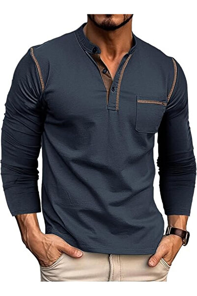 OEM Men's Casual Long Sleeve Blouse Blue Pullover 3XL