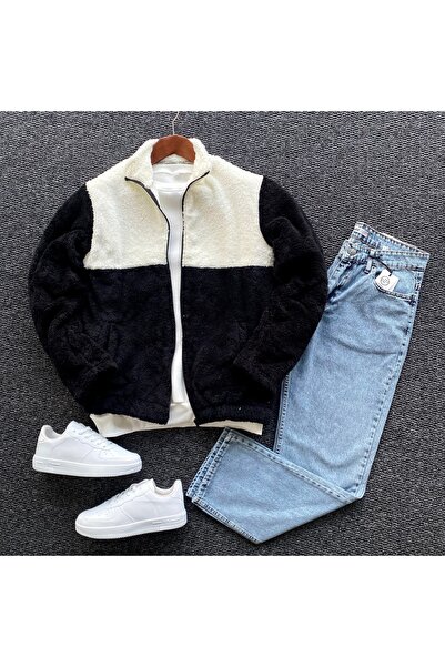 THANBUTİK Men's Patchwork Plush Fleece Jacket and Baggy Pants Set