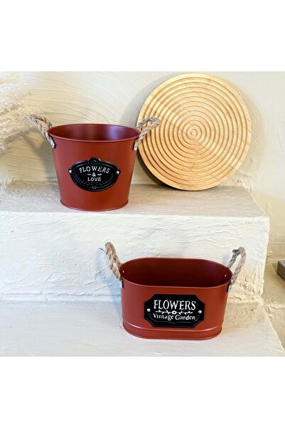 Evanev Tutku Halat Kulplu Metal İki Boy Vintage Saksı Bordo KOD:3455-54