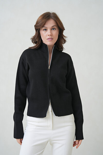 ÖNDER MODA Women's Half Turtleneck Zippered Cardigan - Black