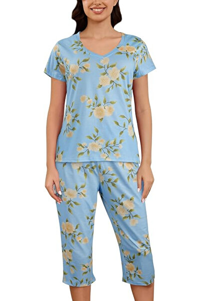 OEM Women's casual sleepwear, made of soft material, blue with flowers M