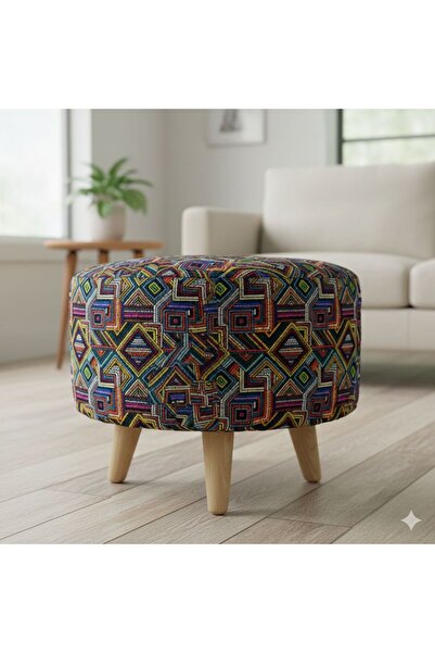 çataloğlu tekstil Desenli Çok Amaçlı Yuvarlak Puf Ahşap Ayaklı Dekoratif Otur...
