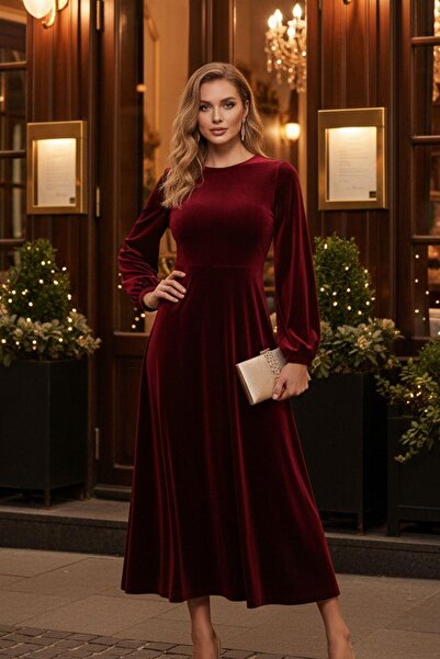 Mossta Long Sleeve Red Velvet Midi Evening Dress