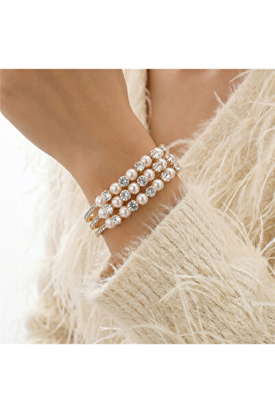Pelin Aksesuar Gold detailed three row bracelet with pearls and stones