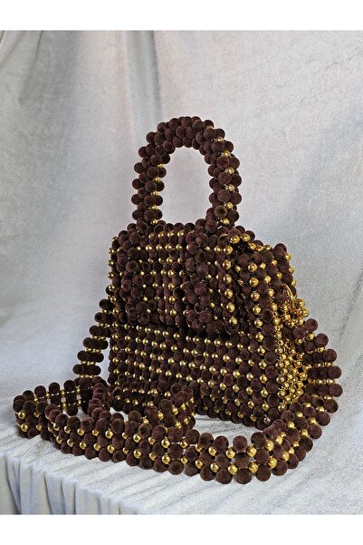 AGH Değerli Hediyeler Handmade Brown Velvet and Gold Beaded Luxury Shoulder Bag