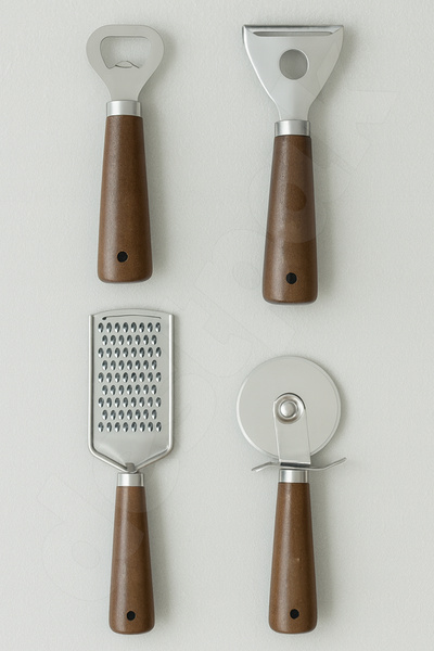 Destpak طقم أدوات مطبخ من 4 قطع - مقشرة، فتاحة زجاجات، قطاعة بيتزا، مبشرة يدوية - موديل زارا