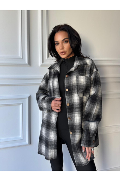 CC STORE Cămașă casual CASSIA, cu mâneci lungi, ușor oversized negru-alb