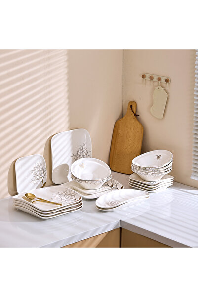 Malooki Set 6 persoane farfurii din porțelan, detalii aurii, 20 piese, forme patrate