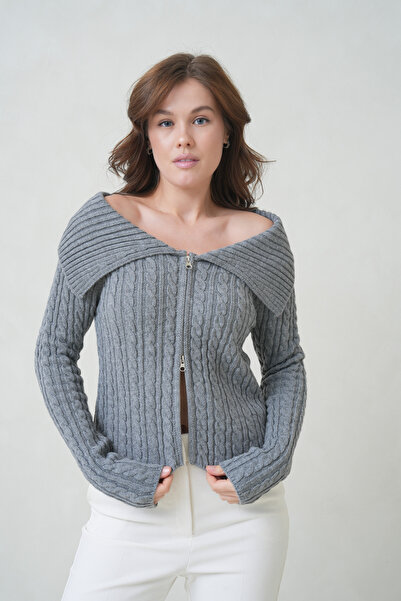ÖNDER MODA Women's Wide Collar Twist Knit Zippered Sweater Cardigan - Gray