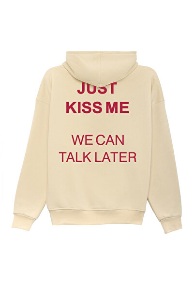 THE RULE Unisex Just Kiss Me Printed Oversized Bol Cut Cotton 3 Thread Ş Fleece-Lined Beige K Hooded Sweatshirt