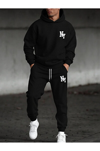 PAVRO Set de trening Swea tricou Jogger - supradimensionat cu căptușeală din fleece Mix cu imprimeu cu glugă