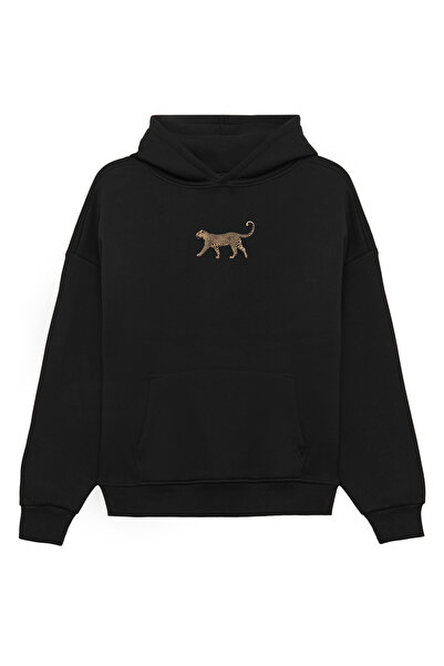 THE RULE Unisex Leopard Printed Oversized Bol Cut Cotton 3 Thread Ş Fleece-Lined Black K Hooded Sweatshirt