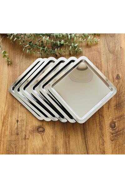 Maglor Lüx 6'lı Kare Gümüş 22x22 Paslanmaz Çelik Kahve Sunum, Dekoratif Sunum Tepsisi