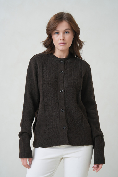 ÖNDER MODA Women's Crew Neck Bow Button Knitwear Cardigan - Black