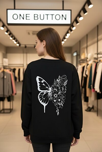 one button Hanorac unisex cu imprimeu cu flori și fluturi, cu gâtul rotund, 1...