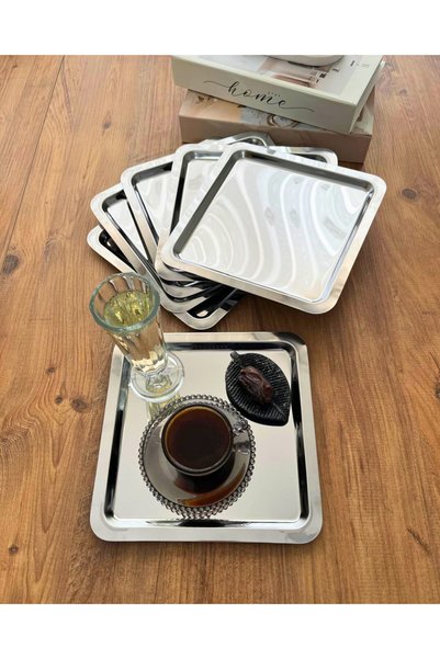 Maglor Luxury 6-Piece Square Silver 22X22 Stainless Steel Coffee Presentation, Decorative Presentation Tray