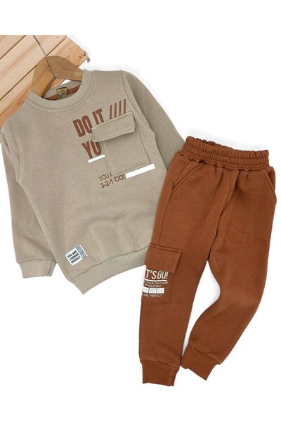 Ege Bebek Set de trening pentru băieți de iarnă 3 șiruri Ş cu căptușeală din fleece 2-3-4-5-6-7-8-9-10 ani, set de iarnă pentru sus și jos