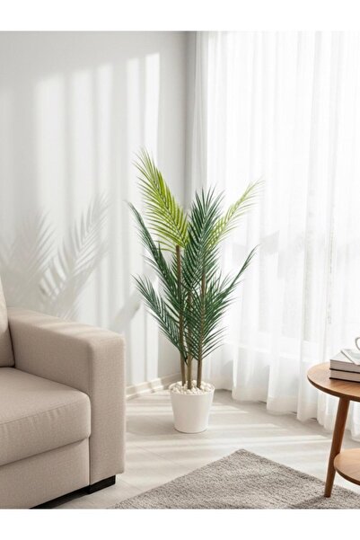 Bahçem Dekoratif Yapay Yapraklı Areka Palmiye Ağacı Plastik Saksılı 3 Gövde 90cm