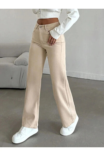 mooishan Adelina Cream Women's High Waist Wide Leg ,Loose Jeans: Wide Leg Str...