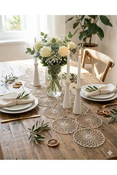 e-ceyiz Yuvarlak Fransız Dantel Detaylı Tek Runner, Masa Üzerine Runner, Masa...