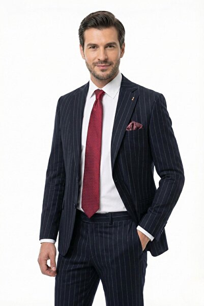 Sabri Özel Lacivert Slim Fit Çizgili Mono Yaka Takım Elbise