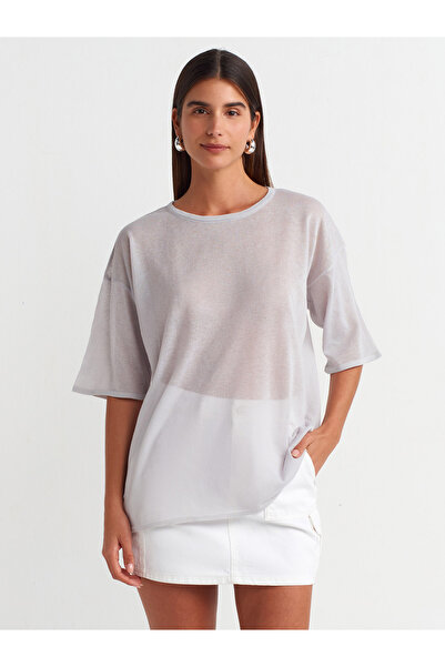 NURCAN KESKİN STORE 10550 Crew Neck Short Sleeve Transparent Blouse-grey