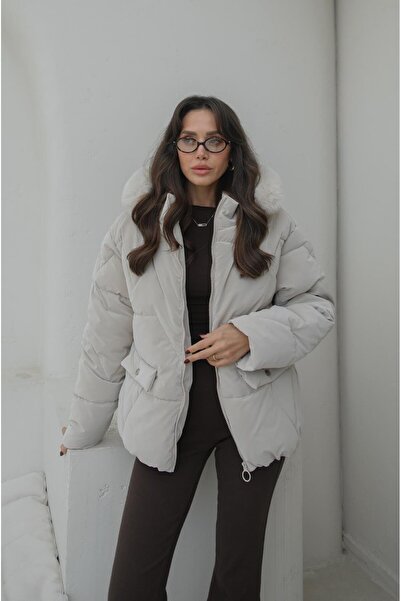 Havoş Beige Hooded Fur Coat