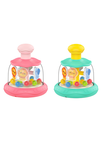OEM Interactive Baby Toy Push & Spin – Carousel with Animals and Colorful Balls, Pink/Green
