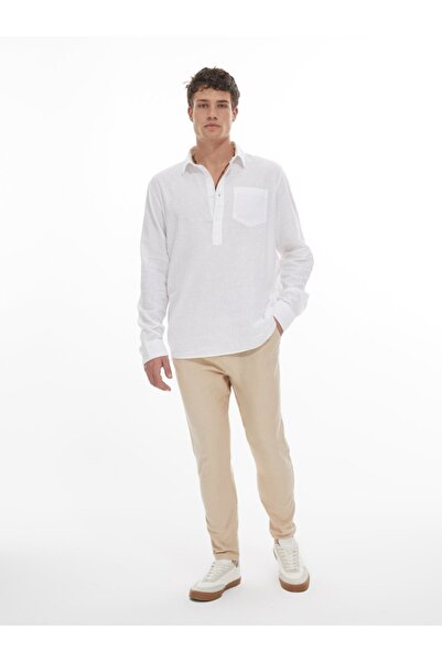 Ltb Linen Look Straight Leg Beige Trousers