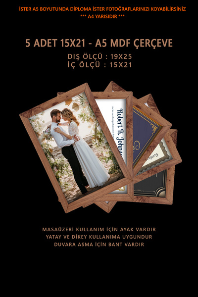 YEDİART 5 Adet 15x21 Çerçeve - Mdf Çerçeve - Fotoğraf Çerçevesi - A5 Pvc'li Ç...