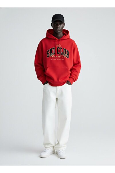 Ltb Long Sleeve Hooded Slogan Printed Red Sweatshirt