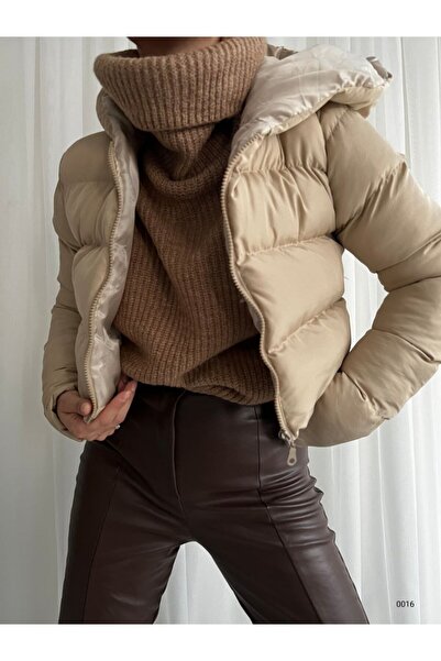 WoolnClyde Palton scurt pentru femei, crem, cu glugă țesătură hidrofugă, care menține căldura iarna O supradimensionat Palton puf