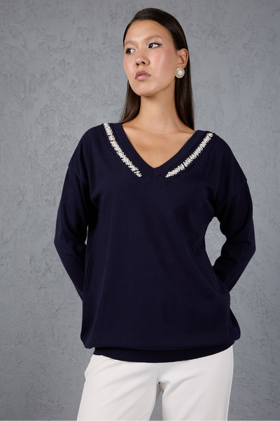 Moda Days Bluză tricotată cu decolteu în V pentru femei, cu detaliu de piatră și perle, cu guler bleumarin închis