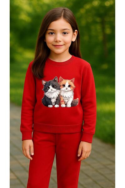 playwear Отборен суичър с принт ДВОЙНА КОТКА за момичета и момчета, с кръгло ...