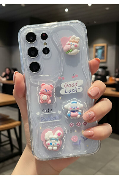 Samsung Galaxy S25 Ultra Case 3D Embossed Wavy Clear Cover with Cute Rabbit and Teddy Bear Figure