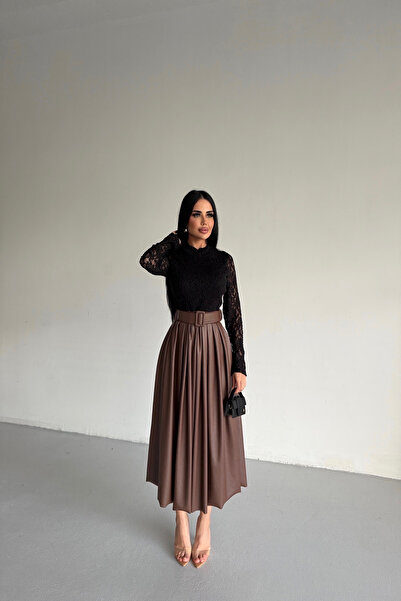 kamacibutik Top Leather Dress with Lace Skirt