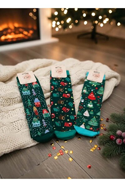 CANMODA 3'lü Yılbaşı Yeşil Set Havlu Çorap - Yılbaşı Ağacı (36-46 Numaraya Uy...