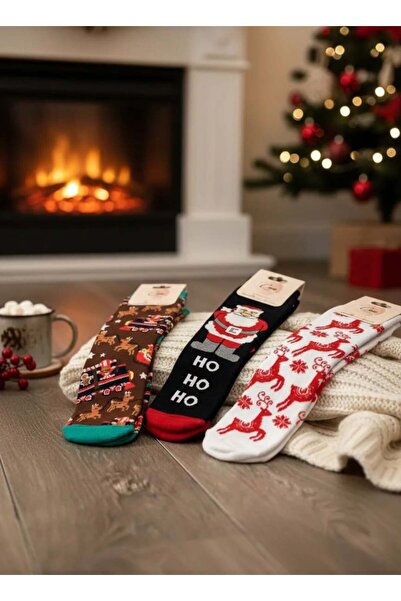 CANMODA 3'lü Yılbaşı Seti Havlu Çorap - Ho Ho Ho (36-46 Numaraya Uygun)
