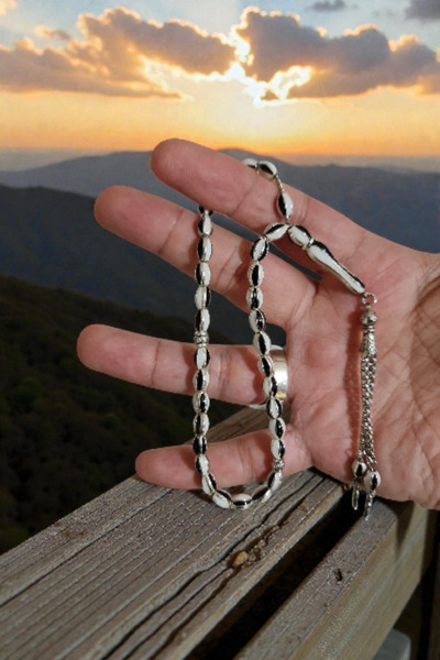 Budakoğulları Black and White Silver Threaded Fan Prayer Beads