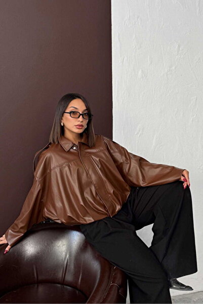 Caddebostan Moda Brown Oversized Leather Coat Modern Premium Luxury Trend Design Coat