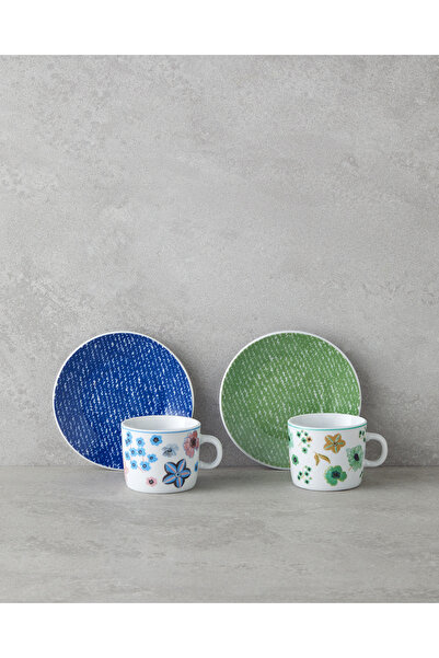 English Home Dewy Porselen 4 Parça 2 Kişilik Kahve Fincan Takımı 80 ml Mavi-yeşil