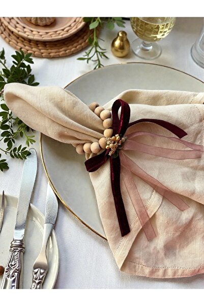 MAİSON ALİSA 6'lı set ahşap boncuk servis peçete yüzüğü yılbaşı peçete halkası