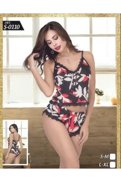 Pi Giyim Κόκκινο μαύρο σετ με σορτς με λουλουδάτο σχέδιο