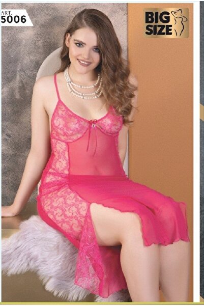 Modaley Giyim Μακρύ νυχτικό με δαντέλα μεγάλου μεγέθους – Φούξια