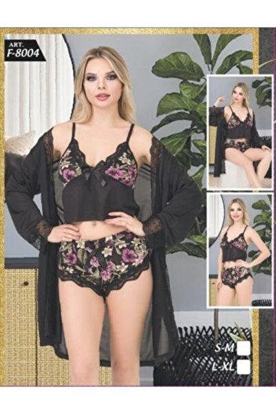Modaley Giyim 3-Piece Set with Dressing Gown and Shorts – Black Floral