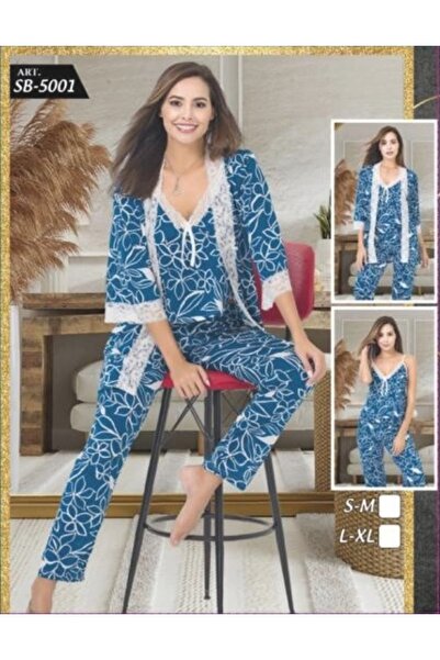 MODA YILDIZ Silky Bustier Three-Piece Pajama Set (Blue Floral Pattern)