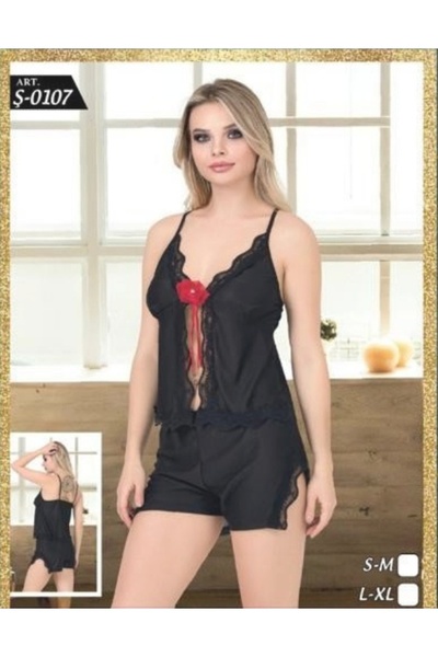 Pi Giyim Μαύρο-κόκκινο σετ δαντέλας με σορτς